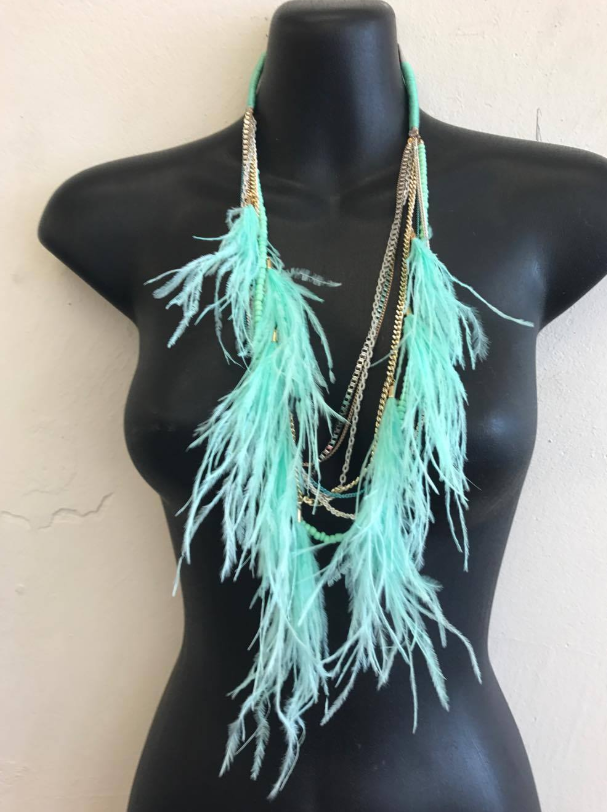 Necklace Pale blue feathers